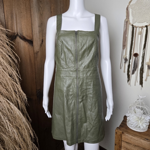 NWT Wild Fable Faux Leather Olive Green Zippered Mini Dress w/Pockets - Picture 4 of 15